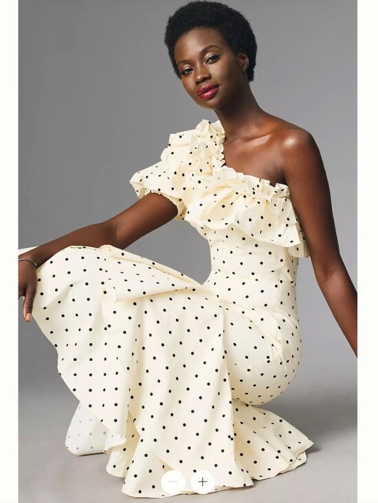 Queens of Archive Dresses & Skirts - Queens of Archive Ivory One-Shoulder Ruffle Midi Dress Polka Dot NWT L